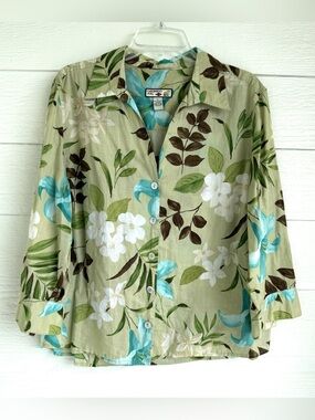 Caribbean Joe Women’s XL Tropical Teal Floral Long Sleeve Button Front Blouse